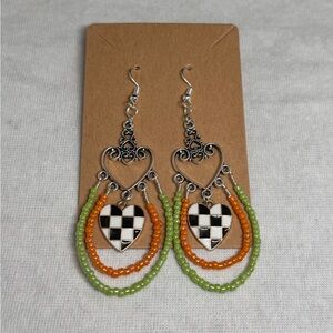 Heart Dangle Earrings with Orange and Green Beads